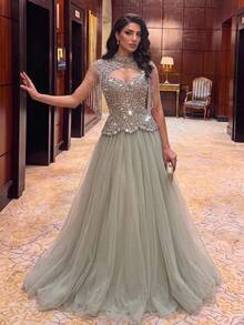 Glamrae Elegant Luxurious Beaded Bubble Diamond Embroidery Sequin Lace Patchwork Sleeve Tassel Mesh Puff Dress Suitable For Wedding Events, Bachelorette Party, Vacation, Holiday Party, Music Festival, Graduation Season, Evening Gown (Heavy Workmanship) - Blue - View 5