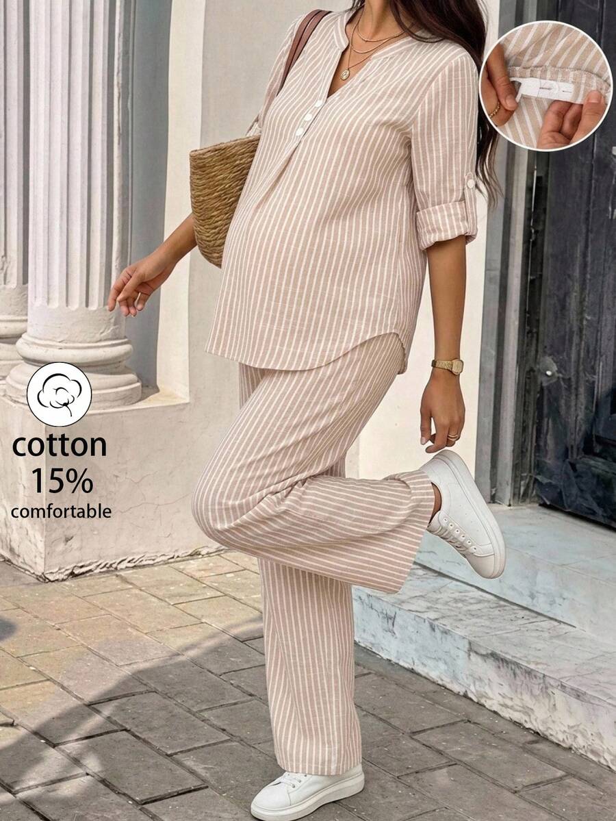 SHEIN Ensemble 2 pièces de maternité avec chemise à rayures à demi-patte boutonnée et pantalon long à taille ajustable pour l'automne - Nude - Voir 1