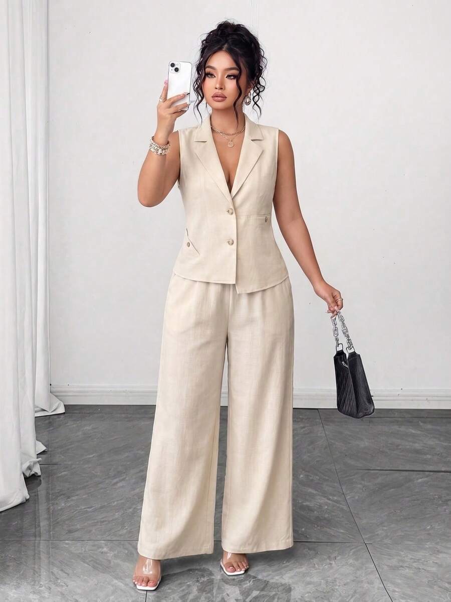 Elenzga Plus Size Textured Sleeveless Blazer & Wide Leg Pants Casual Suit - Apricot - View 1