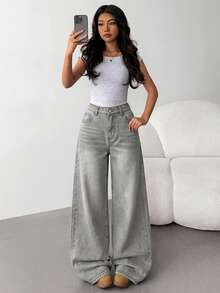 SHEIN Teen Girl Fashion Versatile Button Pocket Loose Fit Jeans - Light Grey - View 10