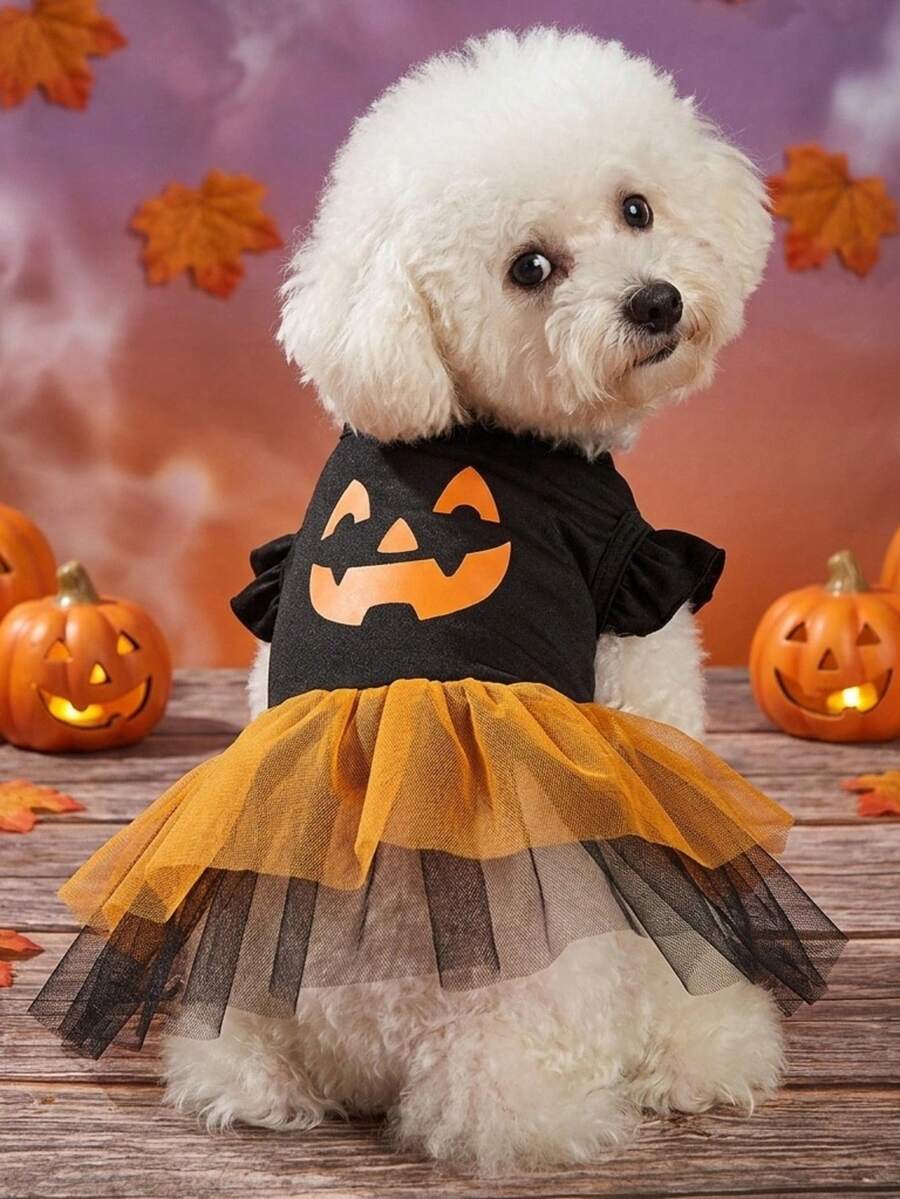 1pc Cat & Dog Universal Cartoon Expression Print Orange Fluffy Tulle Dress, Lovely Halloween Pet Dress, For Halloween Party, PETSIN Original Design - Multicolor - View 1