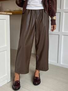 DAZY Celana Setelan Wanita Gaya Komuter Berlipit Longgar Berpinggang Tinggi Musim Gugur/Dingin, Bahan Tenun Warna Polos, Dipadukan dengan Jaket Kulit - Coffee Brown - View 4