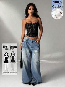 SHEIN PETITE 女款夏季海灘度假純色蕾絲細肩帶上衣，適合日常穿著、約會、夜店、派對、聚會、雞尾酒會、泳池派對、返校、通勤、情人節 - 黑色 - 查看 1