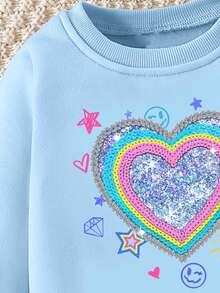 Girls' Fashionable Fresh Colorful Glitter Rainbow Design Printed Basic Crew Neck Sweatshirt - Blue - View 6
