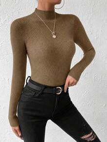 SHEIN 女款素色立領修身百搭日常穿著套頭毛衣 - 薑色 - 查看 3
