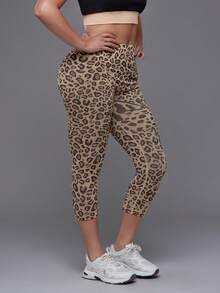 Voyena Women's Plus Size Leopard Print High Waist Casual Fitness Sports Capris - Coffee Brown - View 4