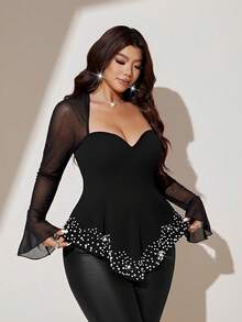 Viva Relle Sexig figursydd stickad topp med fyrkantig halsringning och meshlappdesign, långärmad plus size T-shirt för hösten - Svart - Visa 4