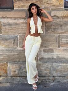 AmyJordy 2pcs Women Blue & White Striped Suit: Cotton Deep V-Neck Backless Halter Top And High Waist Drawstring Wide Leg Pants, Spring/Summer Elegant - Yellow - View 4