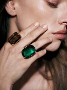 Noxbound Color Claw Set Large Gemstone Exaggerated Ring 2, Rectangle Smoke Crystal And Oval Emerald Crystal Rough Ring, Ladies Luxury Jewelry - Gold - View 5
