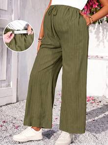 SHEIN Maternity Solid Color Wide Leg Pants For Vacation And Casual Wear - Army Green - View 3