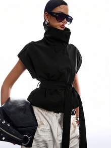 LYSMO Women's Fashion Black Double-Breasted Belted Trench Coat - Black - View 1