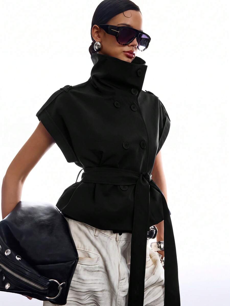 LYSMO Women's Fashion Black Double-Breasted Belted Trench Coat - Black - View 1