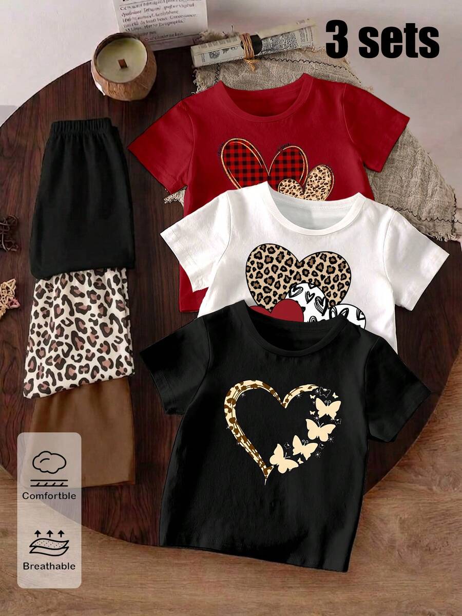 3 Sets Spring And Summer Clothes For Girls, Casual Fashion Creative Personalized Fresh Plaid Leopard Print Heart Butterfly Pattern Printed Summer Vacation Style Basic Short T-Shirt And Biking Shorts Set, Comfortable Daily Wear, Cozy Summer And Fall Styles, Suitable For Girls' Daily Sports And Sets - Multicolor - View 1