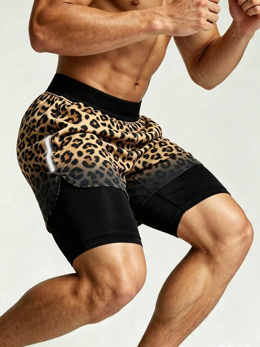 Coreblaze Celana Pendek Olahraga Pria Motif Leopard Dua Lapis, untuk Lari, Latihan, Aktivitas Luar Ruangan Kasual, dan Gym. - MultiWarna - View 1