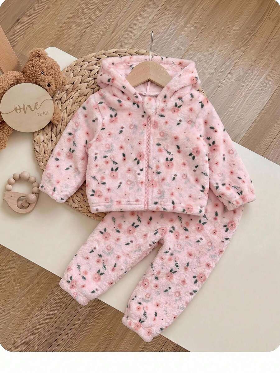 SHEIN Newborn Baby Girl Cute Versatile Casual Fluffy Floral Pattern Pink Hooded Winter Autumn Jacket - Pink - View 1