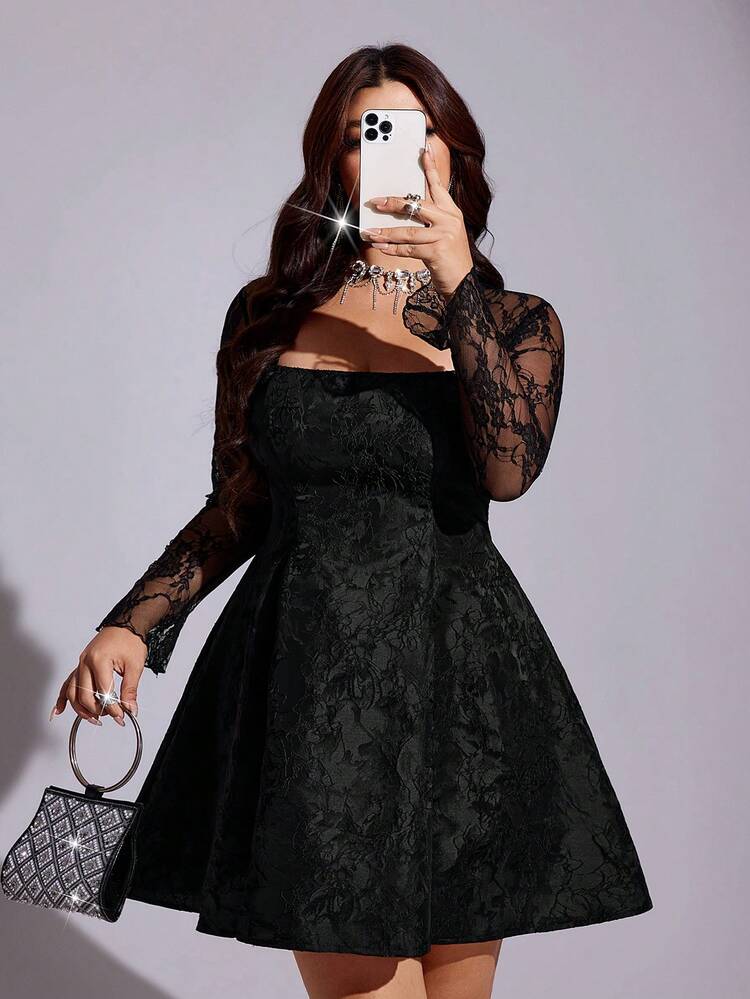 Viva Relle Gaun Renda Elegan Seksi Ukuran Plus untuk Musim Gugur - Hitam - View 4