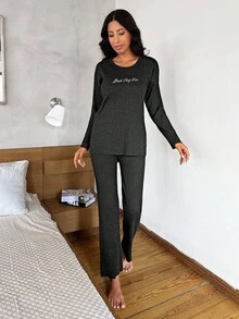 EURMUSE Letter Graphic Tee & Pants Lounge Set - Black - View 5