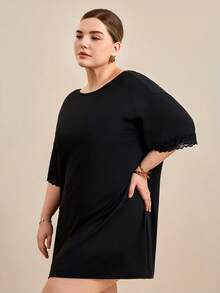 Hourtrue Camisola Casual de Malha Preta com Renda Plus Size, Moo Moo - Preto - Visão 4