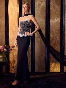 MOTF Soiréza DETACHABLE COLLAR STRAPLESS MERMAID DRESS PEARL EMBELLISHED GOWN FOR WEDDING GUEST PROM SUMMER PARTY - Black - View 6