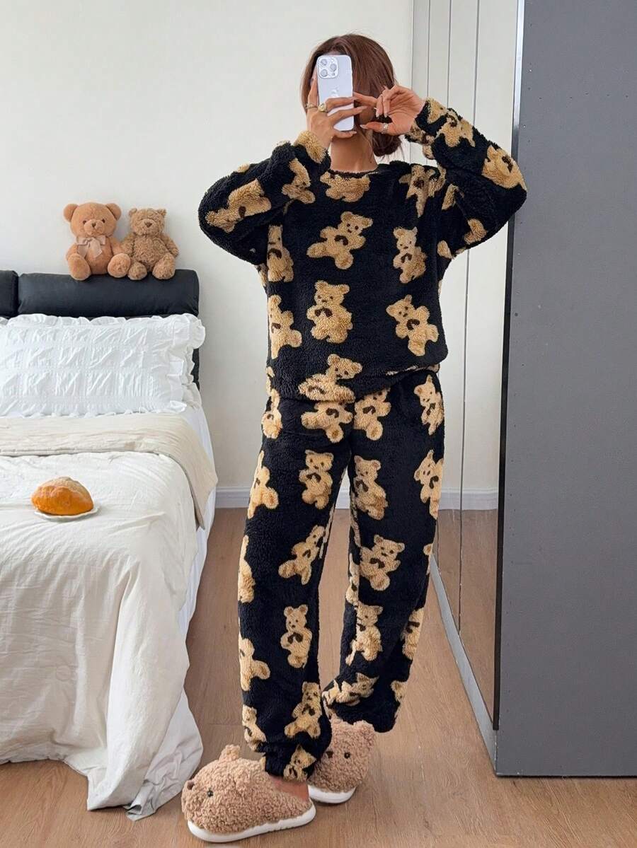Napfluff Women's Cute Casual Bear Pattern Thick Double-Sided Fleece Loungewear 2 Pieces Set, Autumn/Winter Long Sleeve Round Neck Top And Pants Fleece 2 Pieces Set - Multicolor - View 1