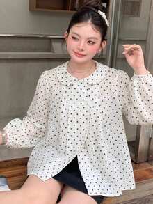 Dazy Plus 彼得潘領格紋休閒韓系學院風短袖大尺碼女款藍色襯衫 春夏秋 - 白色 - 查看 2