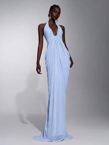 Elitara Elegant Minimalist Fashion Blue Elastic Mesh Halter Strap Full Pleated Maxi Formal Evening Gown For Women - Blue - View 6