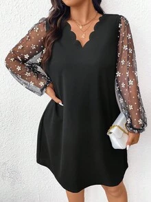 SHEIN Frenchy Plus Size Fall  Exquisite Black Mesh A Line Dress With Wave Collar And Sheer Paneling, For Bachelorette, Prom - Black - View 4
