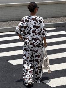 Muchica 女款牛紋拼色白色條紋休閒街頭牛仔女度假風 Y2K 居家服套裝，長袖上衣搭配寬腿長褲，可愛街頭風穿搭 - 彩色 - 查看 2