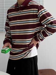 DAZY Spring/Autumn Brown, Beige, Blue Striped Polo Collar Long Sleeve Ribbed Cuff Men's T-Shirt - Multicolor - View 7