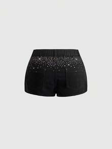 ROMWE Celana Pendek Denim Wanita Ukuran Plus Serbaguna Gaya Y2K Hot Girl Warna Hitam dengan Desain Resleting - Hitam - View 2