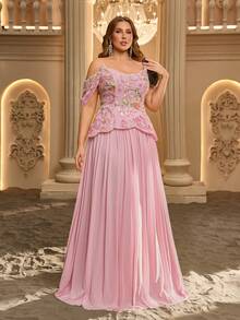 Glamrae Plus Size Elegant Pink Glossy Mesh Asymmetrical Sleeve Cinched Waist Ruched Sheer A-Line Skirt Suitable For Date Single Party Wedding Event - Burgundy - View 8