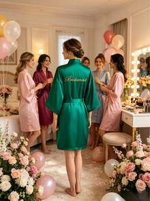 Soft Silky Satin Embroidered Bridal Morning Robe For Bride Bridesmaid Wedding Daily Wear Vacation - Bridesmaid Green - View 3