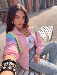 Muchica Colorblock Drop Shoulder Zip Up Jacket In Fall/Winter - Multicolor - View 7