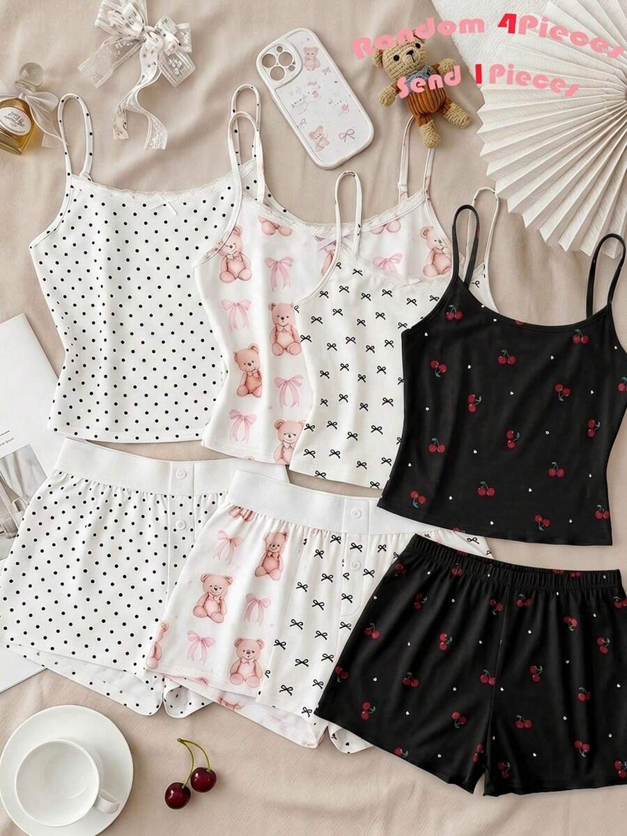 SHEIN 青少年女孩休閒極簡修身細肩帶上衣與短褲套裝,適合夏季居家休閒服 - 黑色 - 查看 1