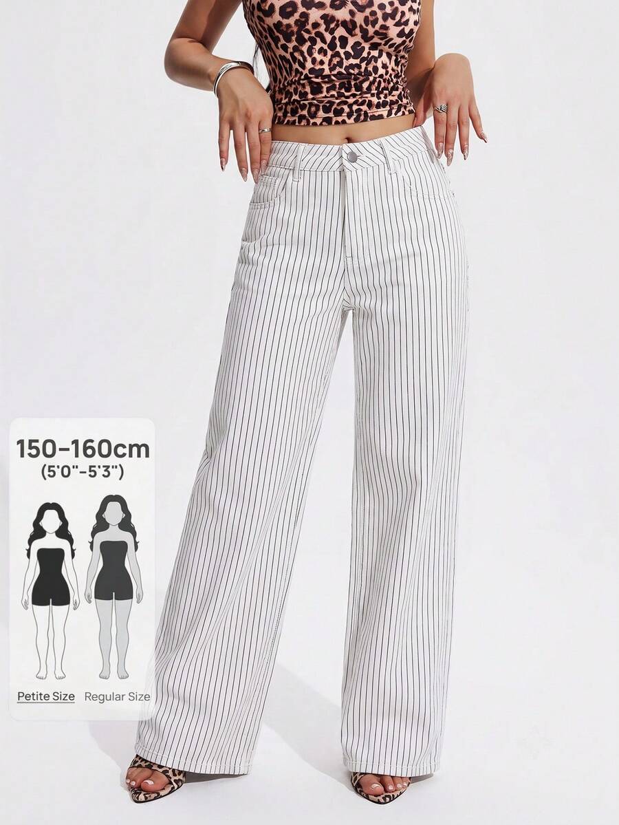 SHEIN PETITE 女款條紋直筒寬鬆休閒百搭牛仔褲 - 白色 - 查看 1