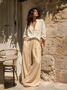 Hotletica Casual Solid Color Linen V-Neck Loose Long Sleeve Shirt - Apricot - View 1