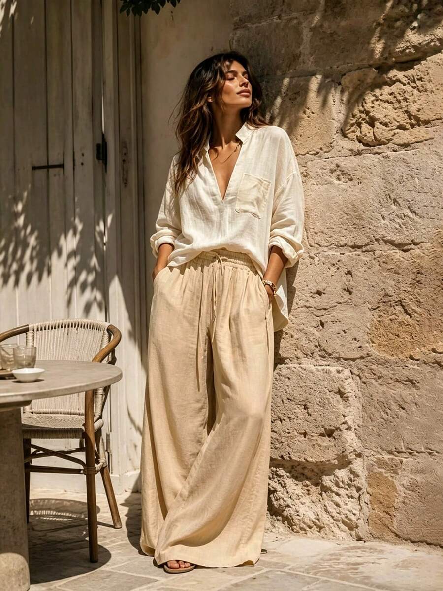 Hotletica Casual Solid Color Linen V-Neck Loose Long Sleeve Shirt - Apricot - View 1