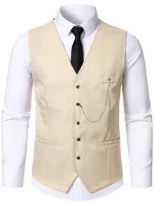 Manfinity Mode Men's Solid Color Waistcoat And Suit Pants Business Formal Set Wedding Suit For Ceremony - Beige - View 5