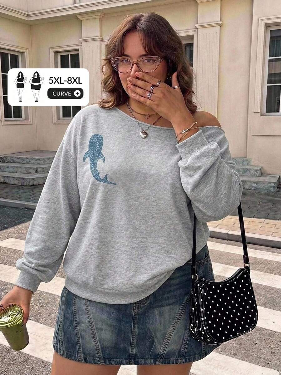 SHEIN CURVE+ Sweatshirt Wanita Ukuran Besar Kasual Minimalis dengan Motif Cetak Bahu Asimetris, Nyaman dan Hangat, Cocok untuk Musim Gugur/Dingin - Grey - View 1