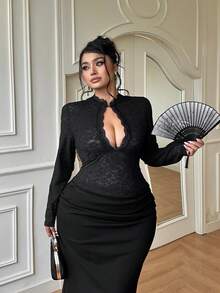 GalTyme 大尺碼女款蕾絲拼接修身百搭日常長袖T恤 秋季 - 黑色 - 查看 4