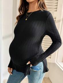 SHEIN 孕婦純色圓領長袖側開衩休閒T恤 秋季 - 黑色 - 查看 3
