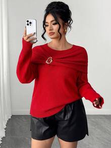 Elenzga Plus Size Metal Buckle Twisted Knit Pullover Sweater Winter - Red - View 3