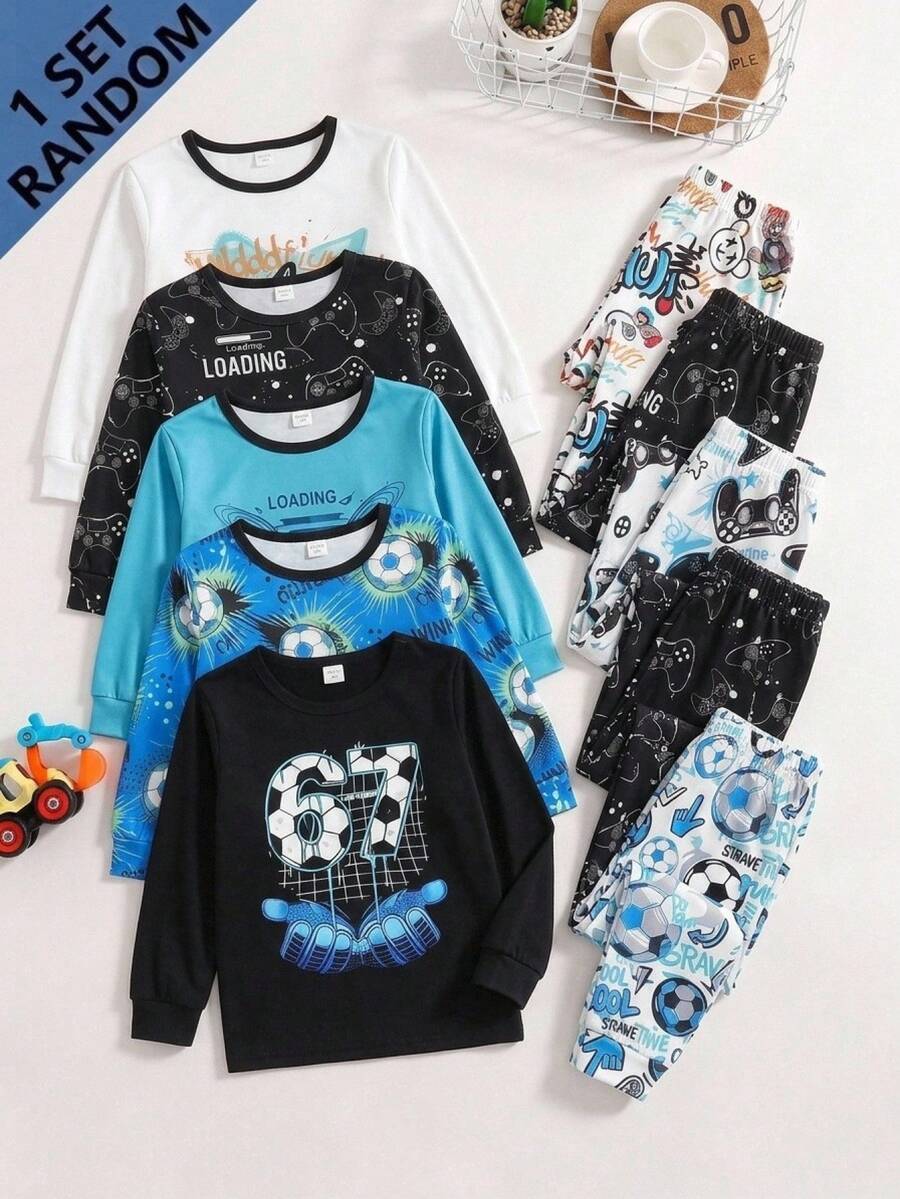 SHEIN 青少年男孩修身螢光足球圖案圓領長袖上衣與長褲休閒舒適緊身居家睡衣套裝 2件組 - 彩色 - 查看 1