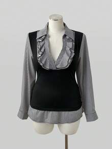 Sunspun Plus Size Fashion Versatile Square Neck Long Sleeve Mixed Fabric Patchwork Frill Trim Cinched Cinched Waist Blouse Fall - Black - View 8