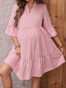 GentleRue Maternity Women's Stand Collar Striped Shirt Dress With Three-Quarter Sleeves For Maternity Fall - Pink - View 4