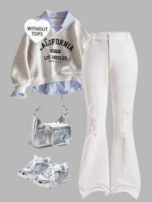 SHEIN ChillGRL TWEEN GIRLS 青少年女孩牛仔褲 復古水洗色 街頭時尚 水洗磨損毛邊喇叭褲 百搭時尚新款 - 白色 - 查看 4