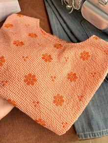 Comfortcana 女款大尺碼韓風刺繡圓領上衣，適合度假旅行、半正式場合，蜜桃色夏季可愛卡哇伊風 - 橘色 - 查看 4