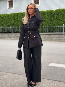 Jeta Ari Stand Collar Thick Tweed Single-Breasted Metal Button Decor Belt Utility Jacket Black Fall - Black - View 3