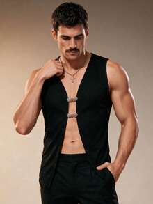 ZURIURI Men's Sexy Vacation Style Slit Tight Metallic Buckle Tank Top - Black - View 6
