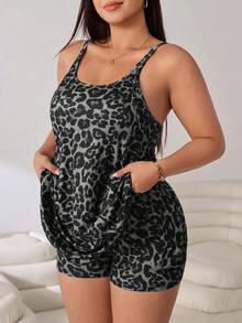 Solflare Gaun Camisole Kasual Motif Leopard Dua Saku untuk Wanita Ukuran Besar - Dark Grey - View 6